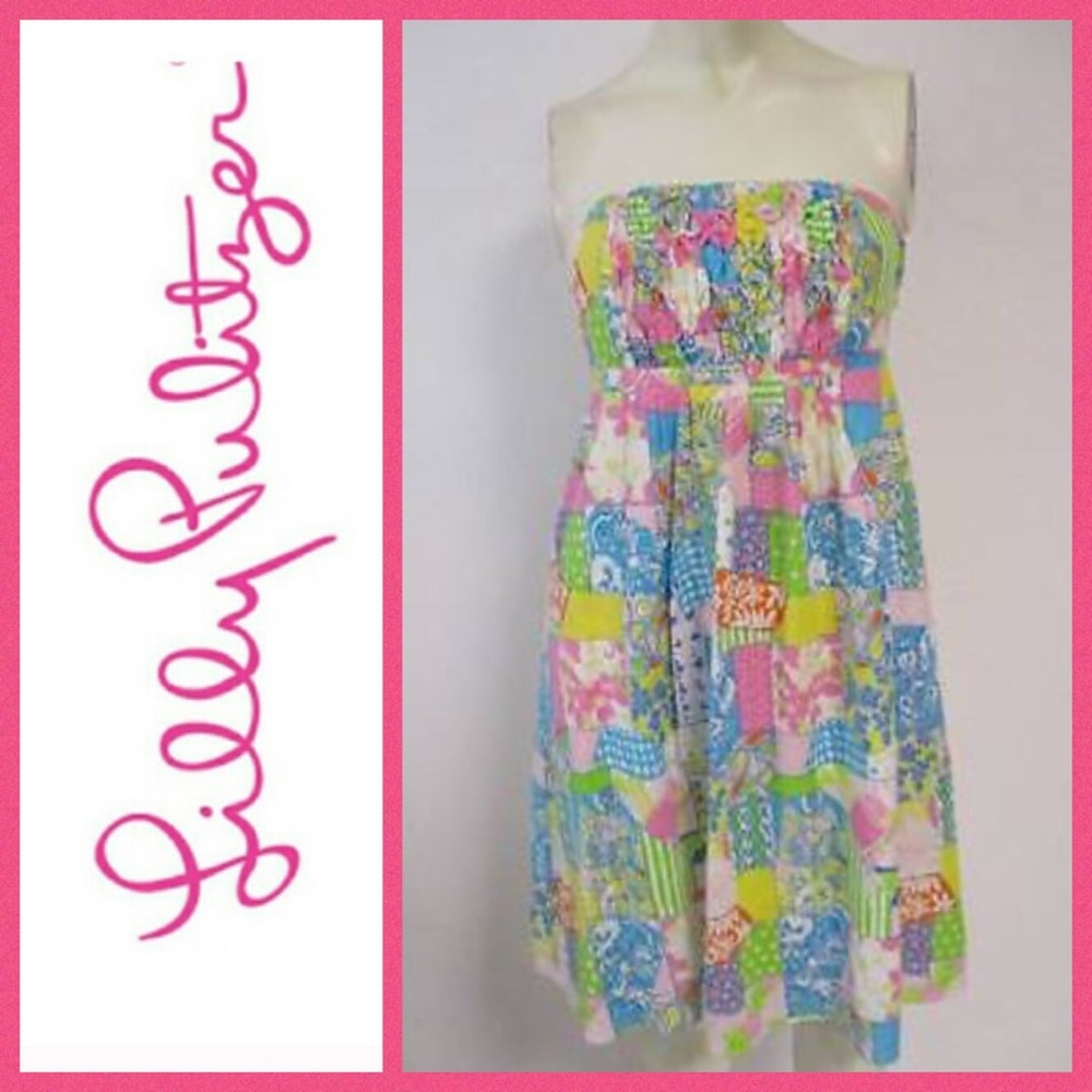 Lilly Pulitzer Multi Patch Strapless Dress Sz 6